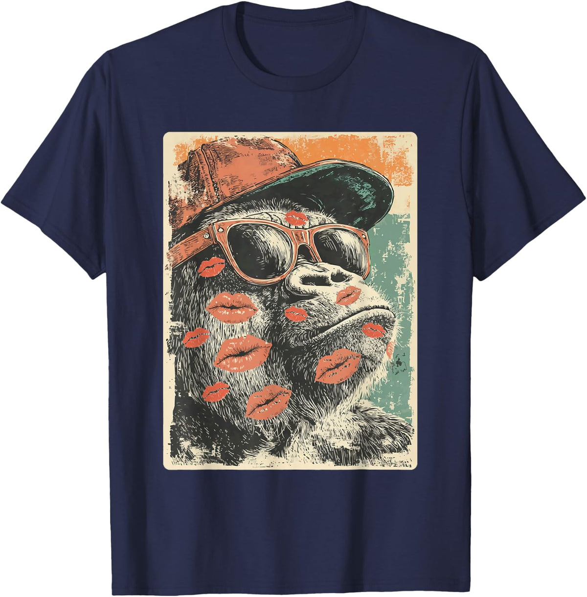 Cute Gorilla with Sunglasses Kisses Valentine's Day Animal T-Shirt - Navy Blue