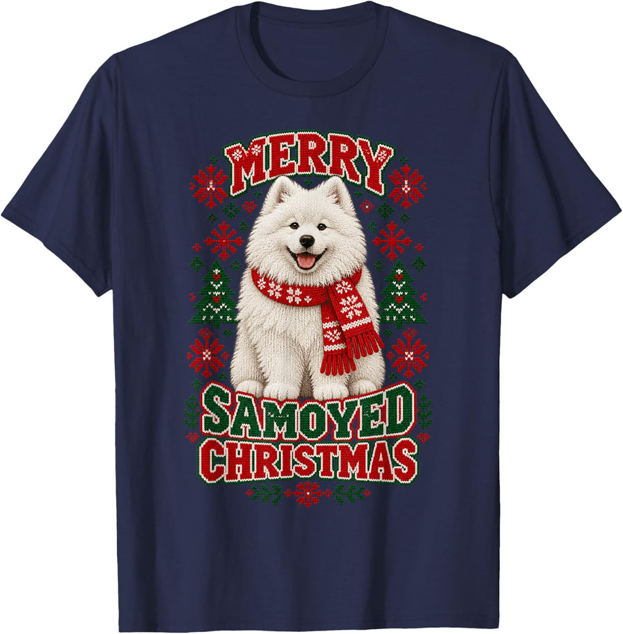 Merry Samoyed Christmas Dog Ugly Sweater T-Shirt - Navy Blue