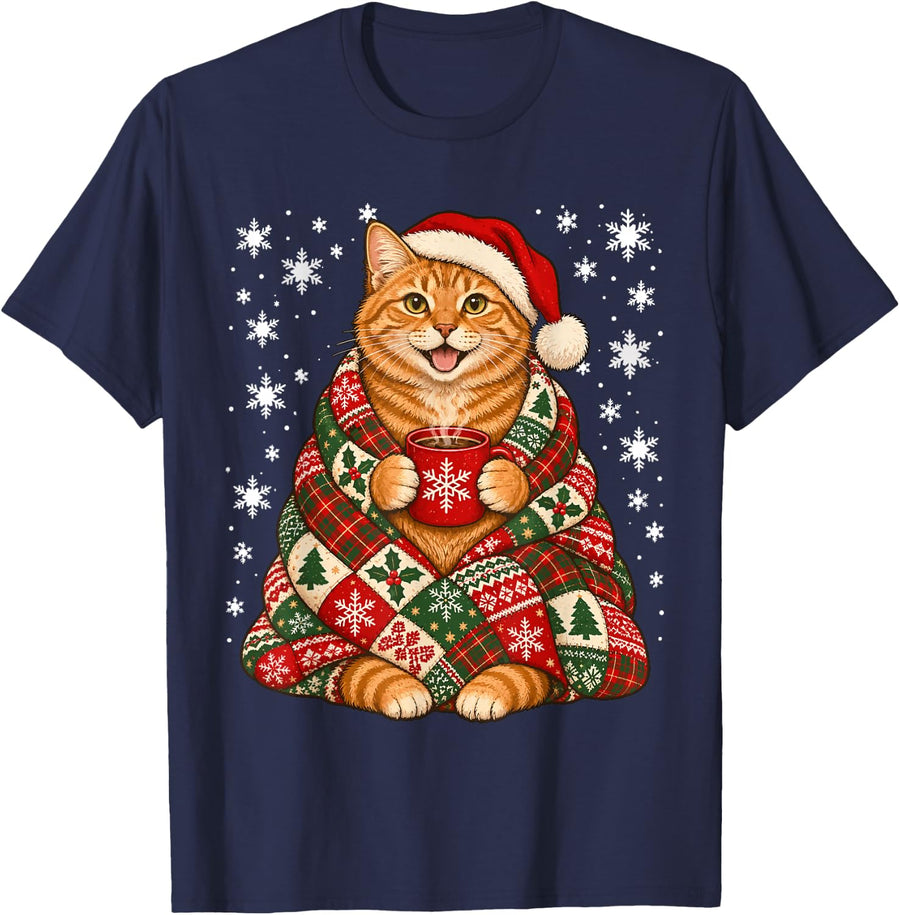 Cute Tabby Cat with Coffee Snowflakes Christmas Winter T-Shirt - Navy Blue