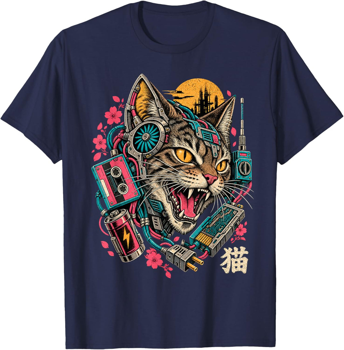 Cyberpunk Tabby Cat Mechanical Japanese Feline Art T-Shirt - Navy Blue