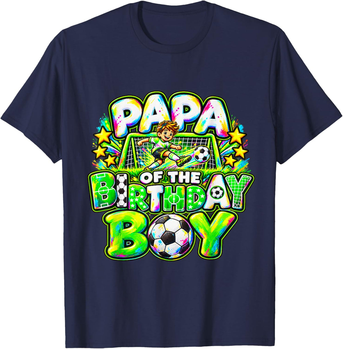 Papa of The Birthday Boy Soccer Player Colorful T-Shirt - Navy Blue