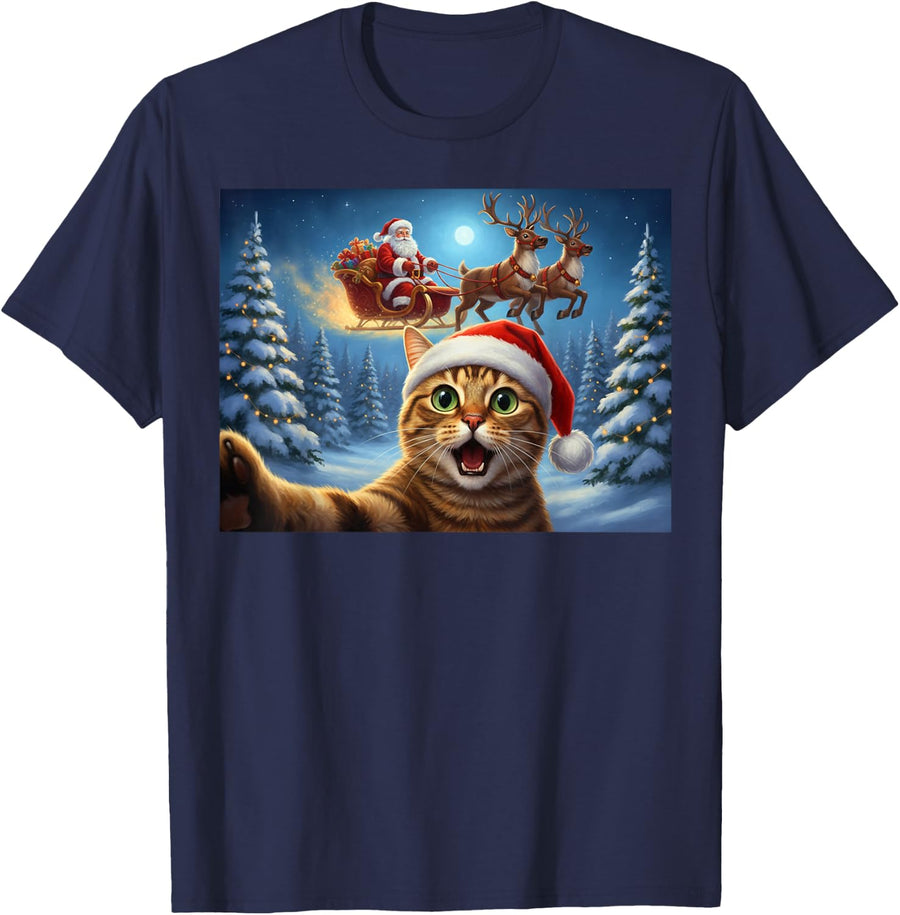 Cat Selfie Santa Claus Sleigh Reindeer Christmas Xmas Eve T-Shirt - Navy Blue