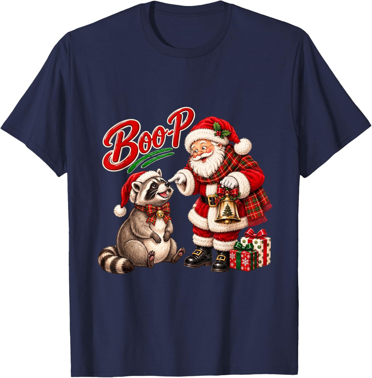 Funny Santa Booping Raccoon Christmas Holiday Trash Panda T-Shirt - Navy Blue