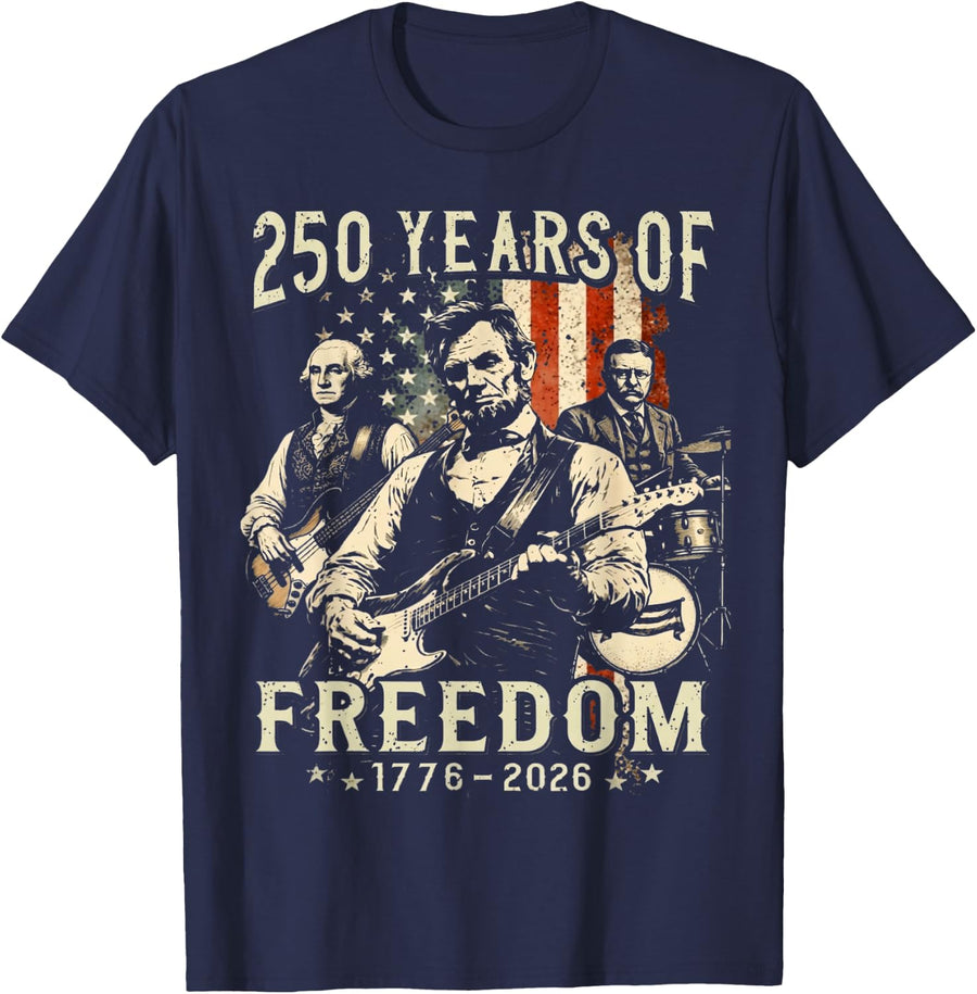Abraham Lincoln Playing Guitar 4th of July 250th Anniversary T-Shirt - Navy Blue