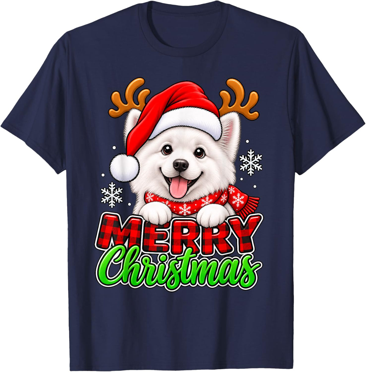 Funny Samoyed Merry Christmas Santa Reindeer Dog T-Shirt - Navy Blue