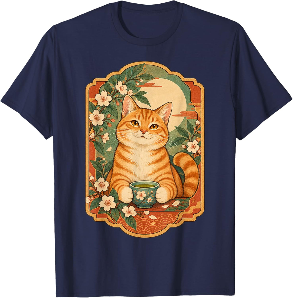 Orange Tabby Cat Botanical Tea Retro Illustration T-Shirt - Navy Blue