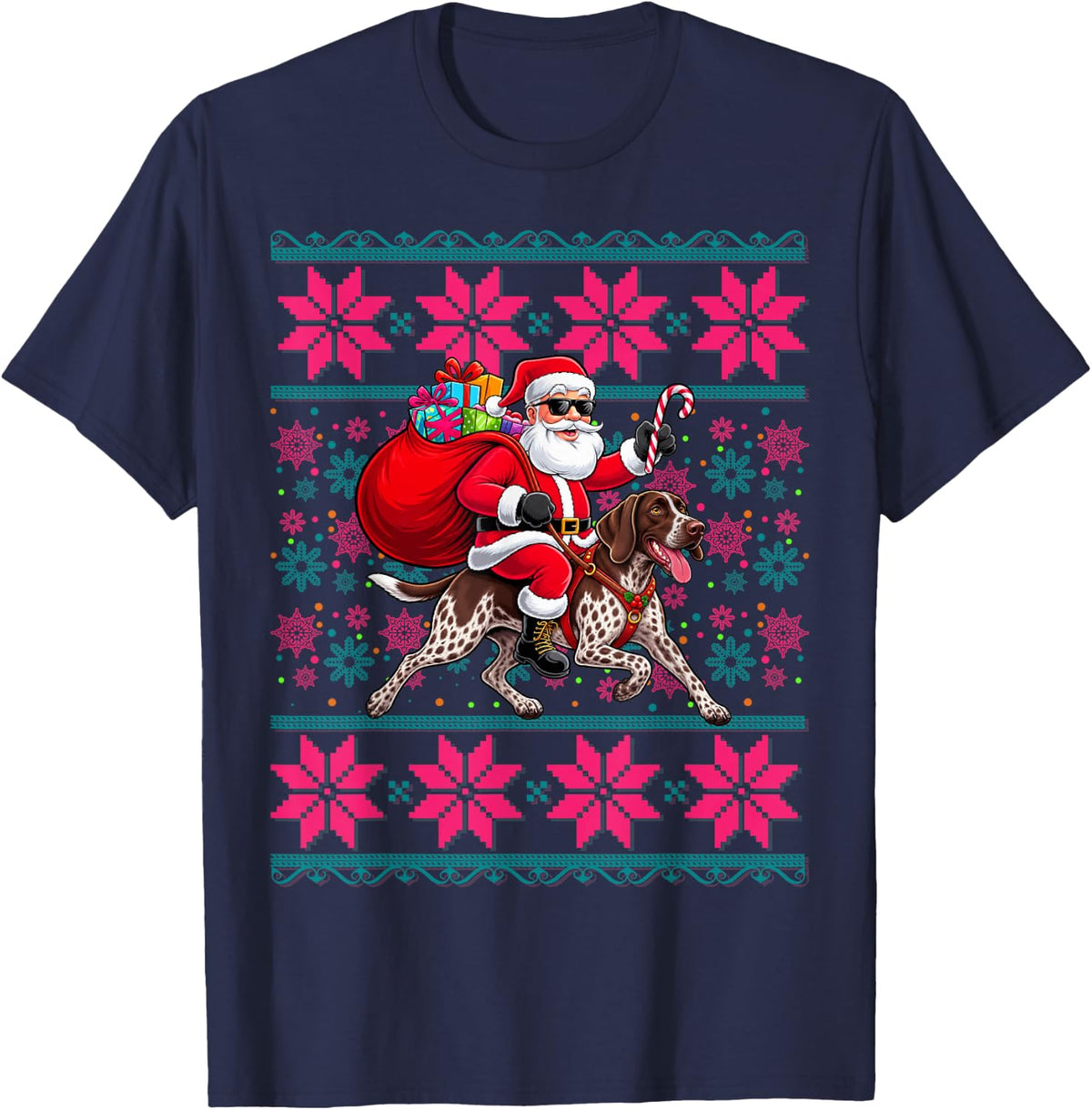 Christmas Girls Santa Riding German Shorthaired Pointer Dog T-Shirt - Navy Blue