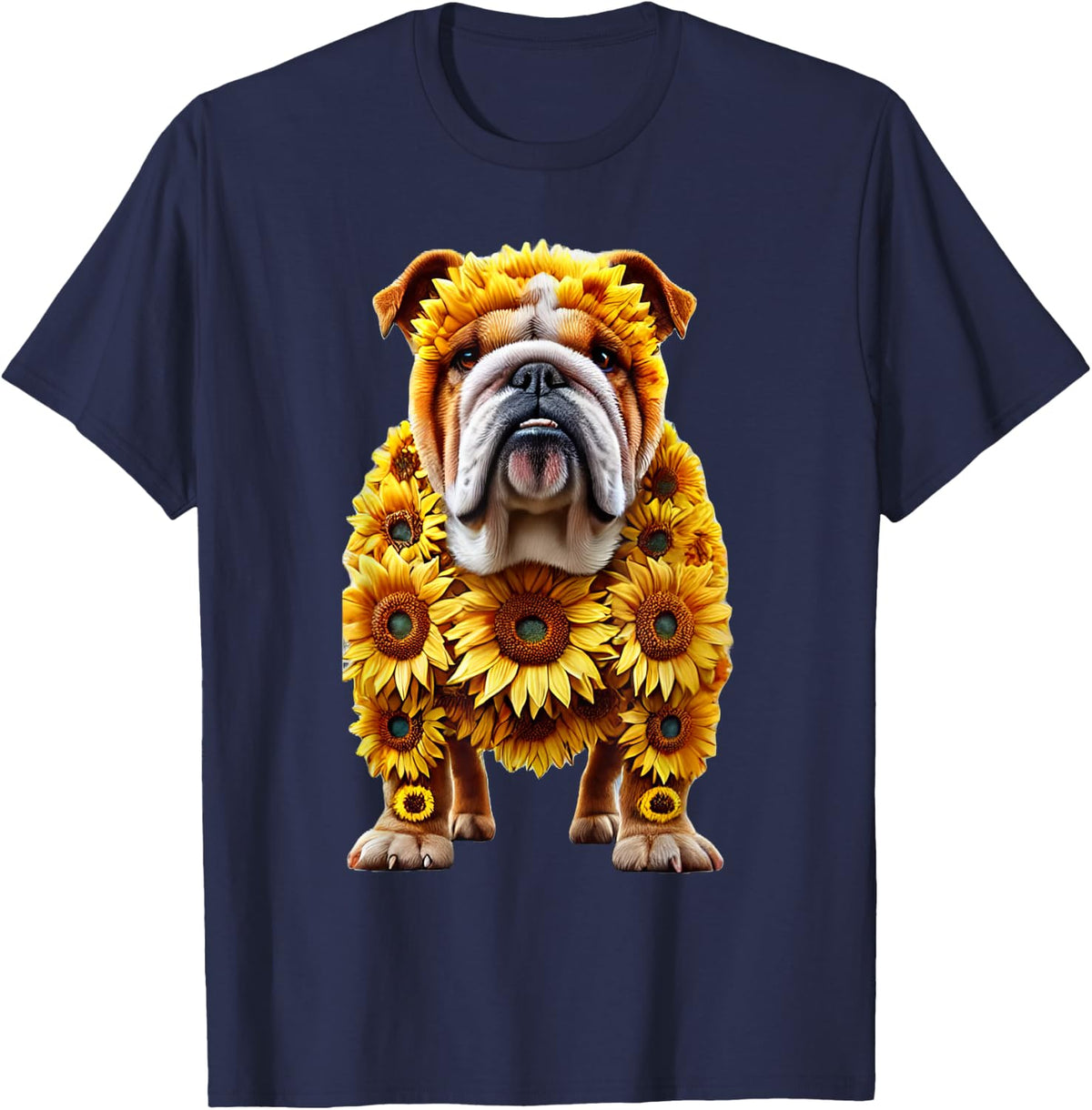 Sunflower English Bulldog Dog Flower Gardening Floral T-Shirt - Navy Blue