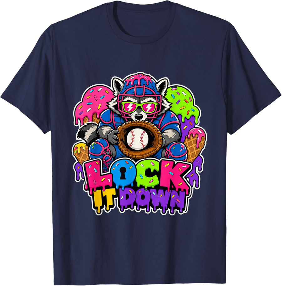 Lock It Down Baseball Catcher Raccoon Drip Softball Sports T-Shirt - Navy Blue