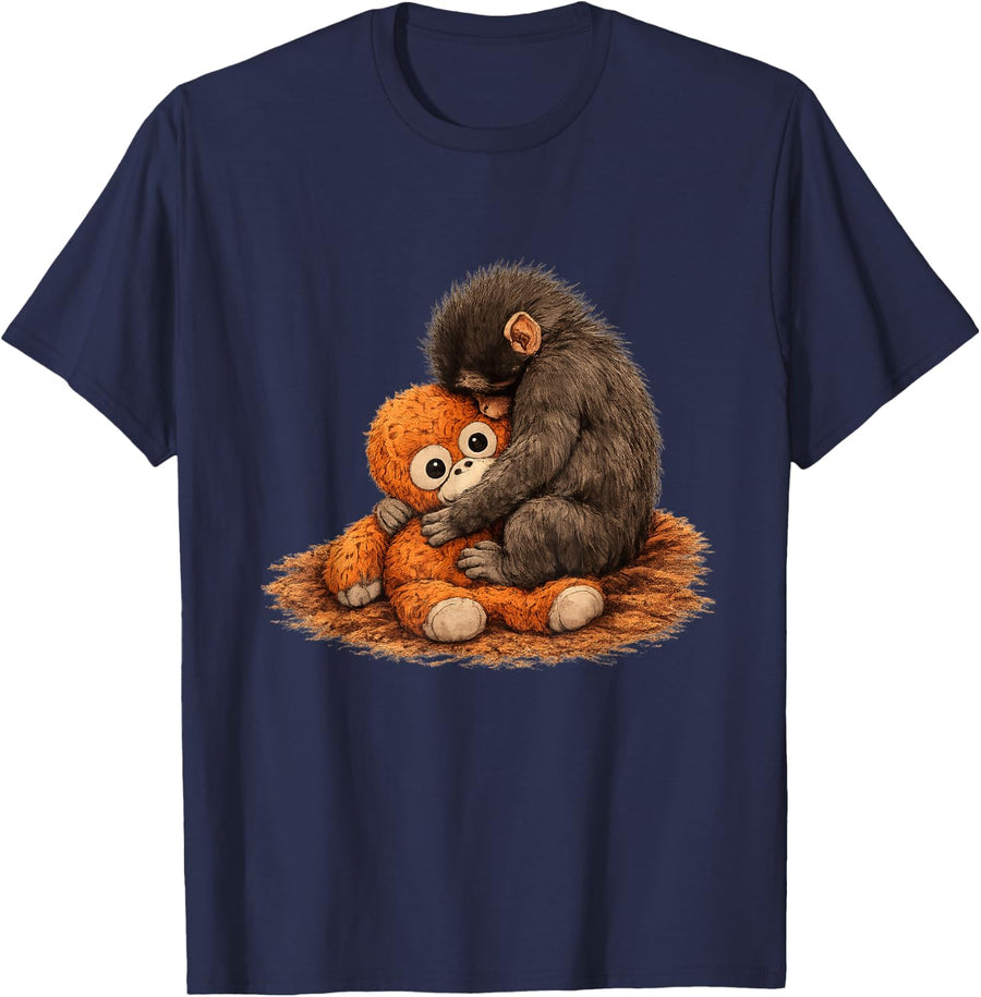 Cute Monkey Punch Baby Hug Emotional Plush Toy T-Shirt - Navy Blue