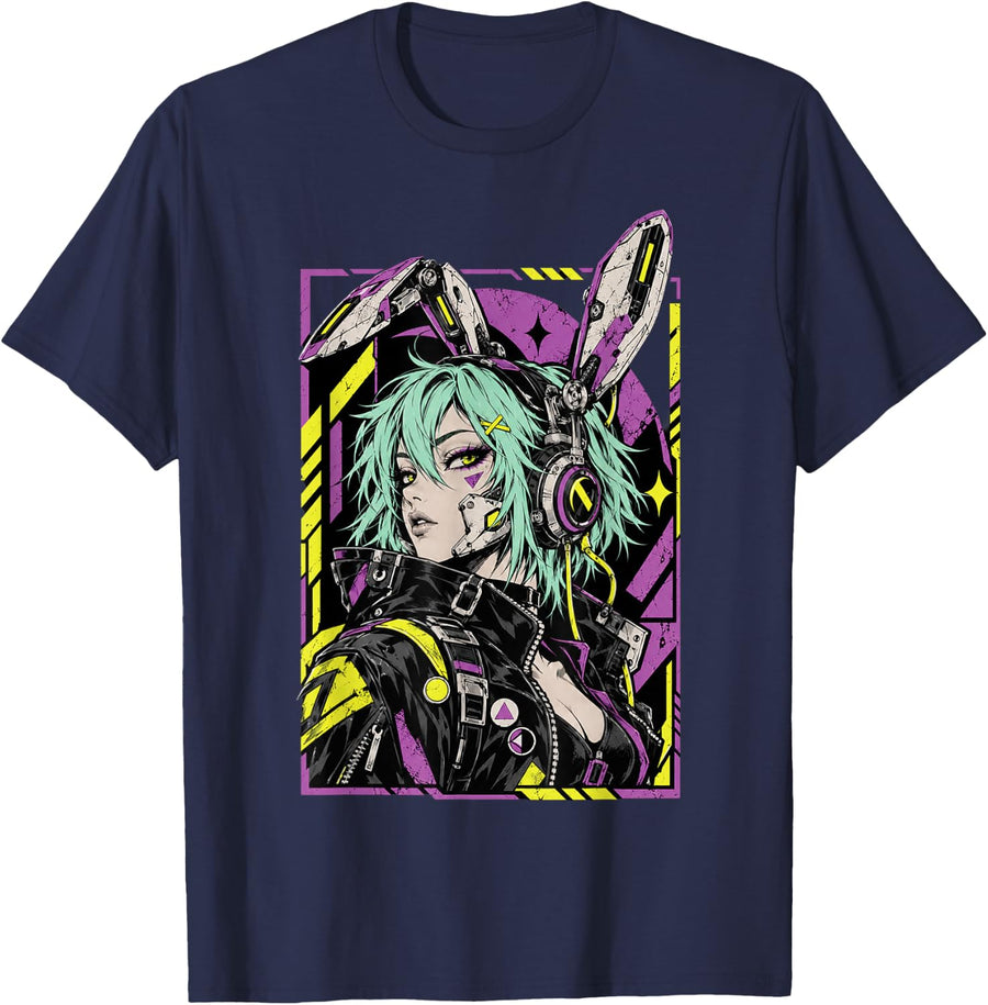 Cyberpunk Bunny Headphones Woman Futuristic Manga Art T-Shirt - Navy Blue