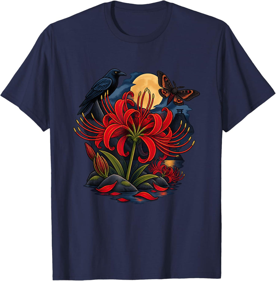 Red Spider Lily with Raven and Moonlit Moth T-Shirt - Navy Blue