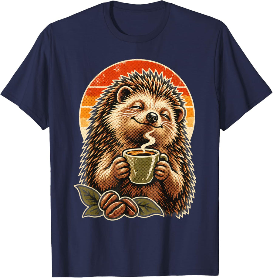 Coffee Lover Hedgehog Espresso Art T-Shirt - Navy Blue