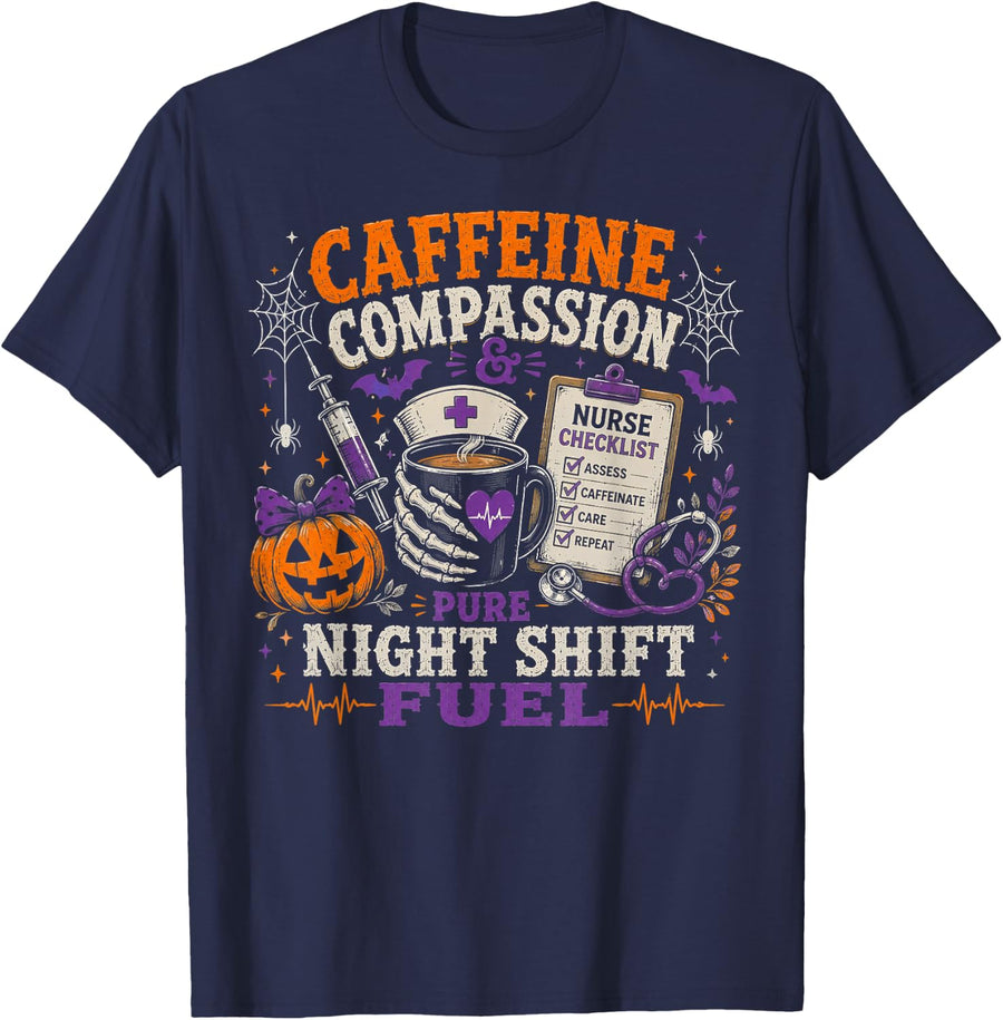Night Shift Nurse Halloween Skeleton Pumpkin Graphics Spooky T-Shirt - Navy Blue