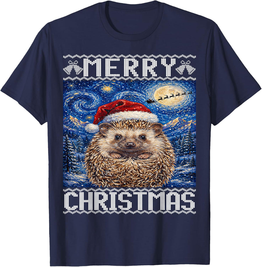 African Pygmy Hedgehog Merry Christmas Ugly T-Shirt - Navy Blue