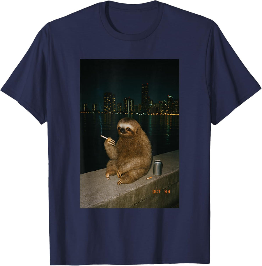Funny Smoking Sloth Cigarette Sloth Gen Z Meme Sloth Lover T-Shirt - Navy Blue