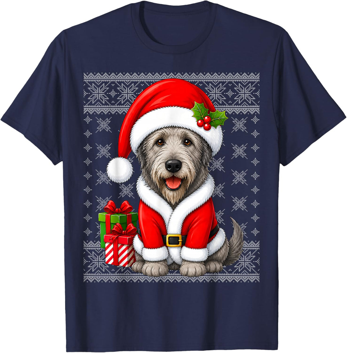 Irish Wolfhound Dog in Christmas Santa Costume Ugly Xmas T-Shirt - Navy Blue