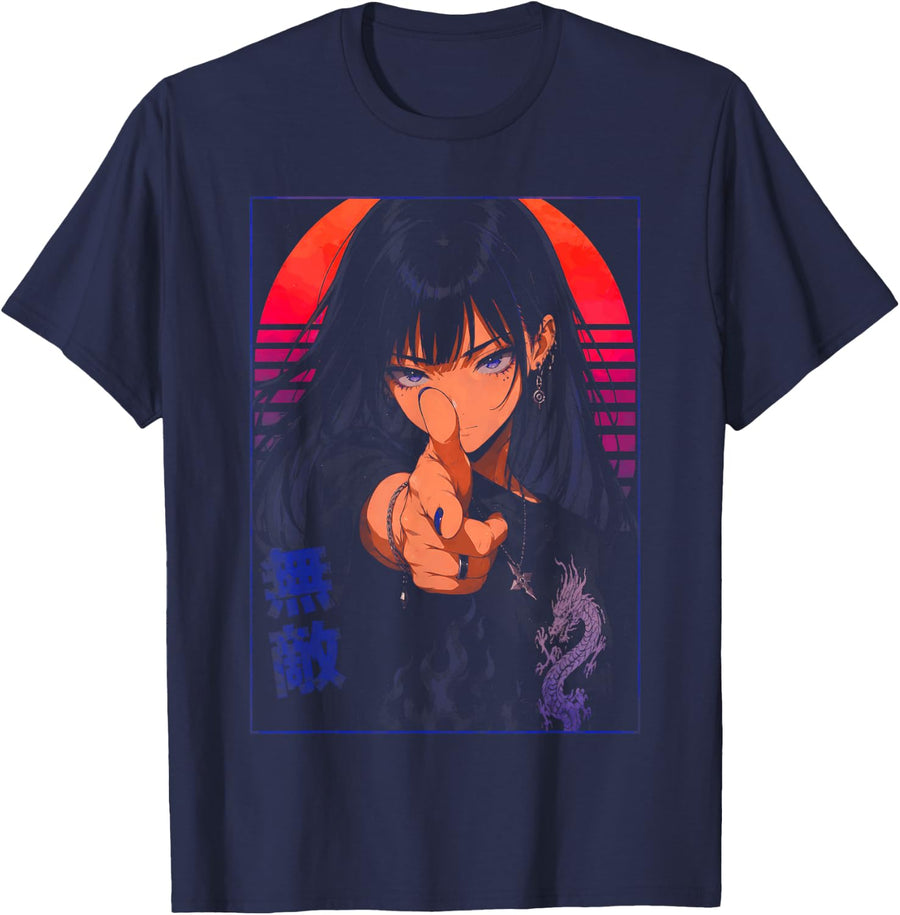 Anime Girl Waifu Goth Aesthetic Vaporwave Women Teens Girls T-Shirt - Navy Blue