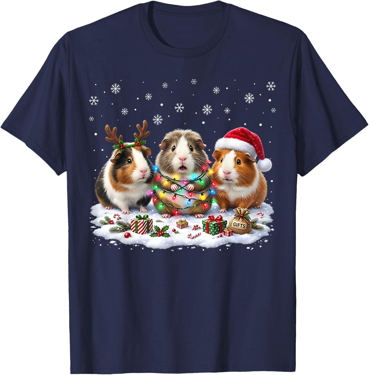 Cute Christmas Lights Guinea Pig Xmas Funny Santa Guinea Pig T-Shirt - Navy Blue