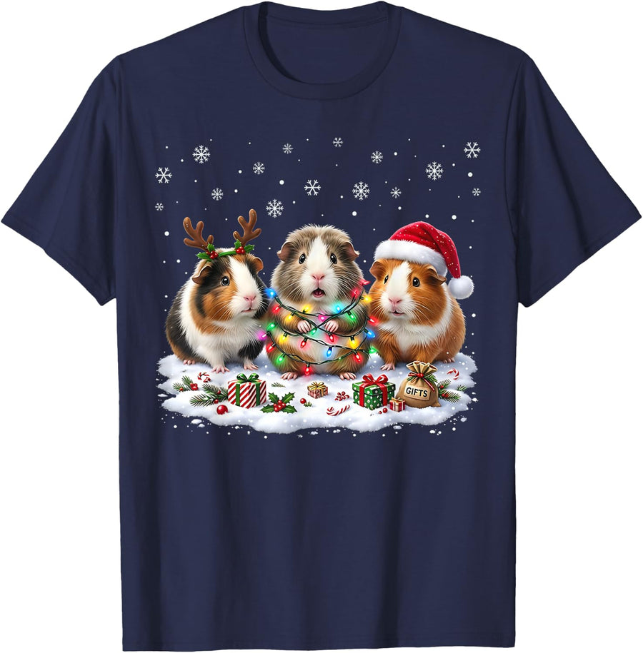 Cute Christmas Lights Guinea Pig Xmas Funny Santa Guinea Pig T-Shirt - Navy Blue