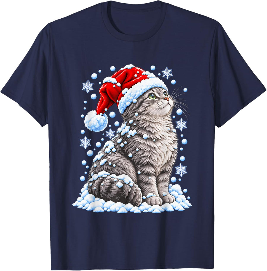 Snowy Christmas Tabby Cat with Snowflakes Cute Winter Kitten T-Shirt - Navy Blue