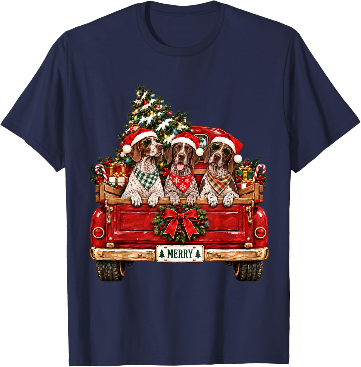 Vintage German Shorthaired Pointer Red Truck Christmas Tree T-Shirt - Navy Blue