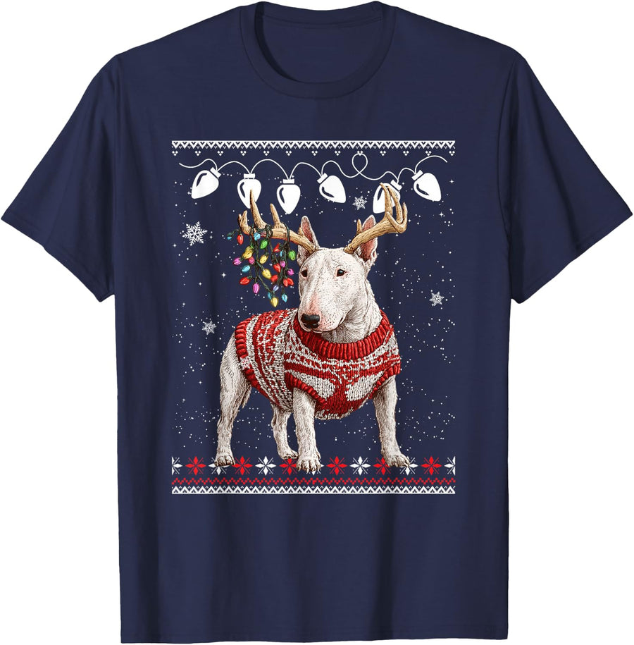 Ugly Xmas Santa hat Bull Terrier Dog Christmas T-Shirt - Navy Blue