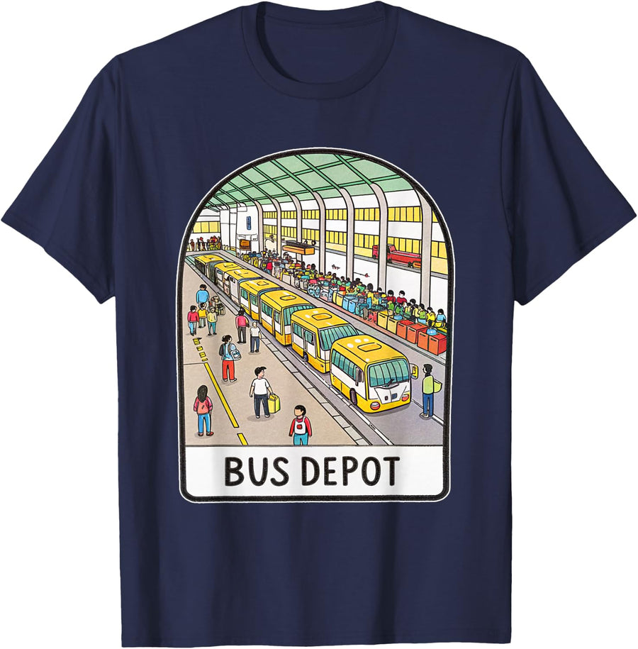 Colorful Scenic City Bus Depot T-Shirt - Navy Blue