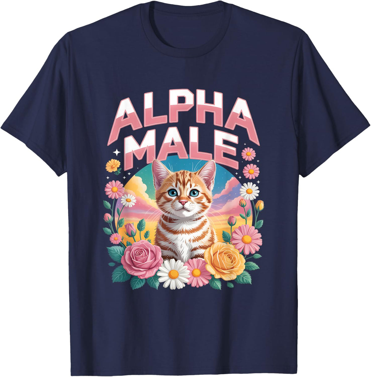 Alpha Male Funny Tabby Cat Flowers Rainbow T-Shirt - Navy Blue