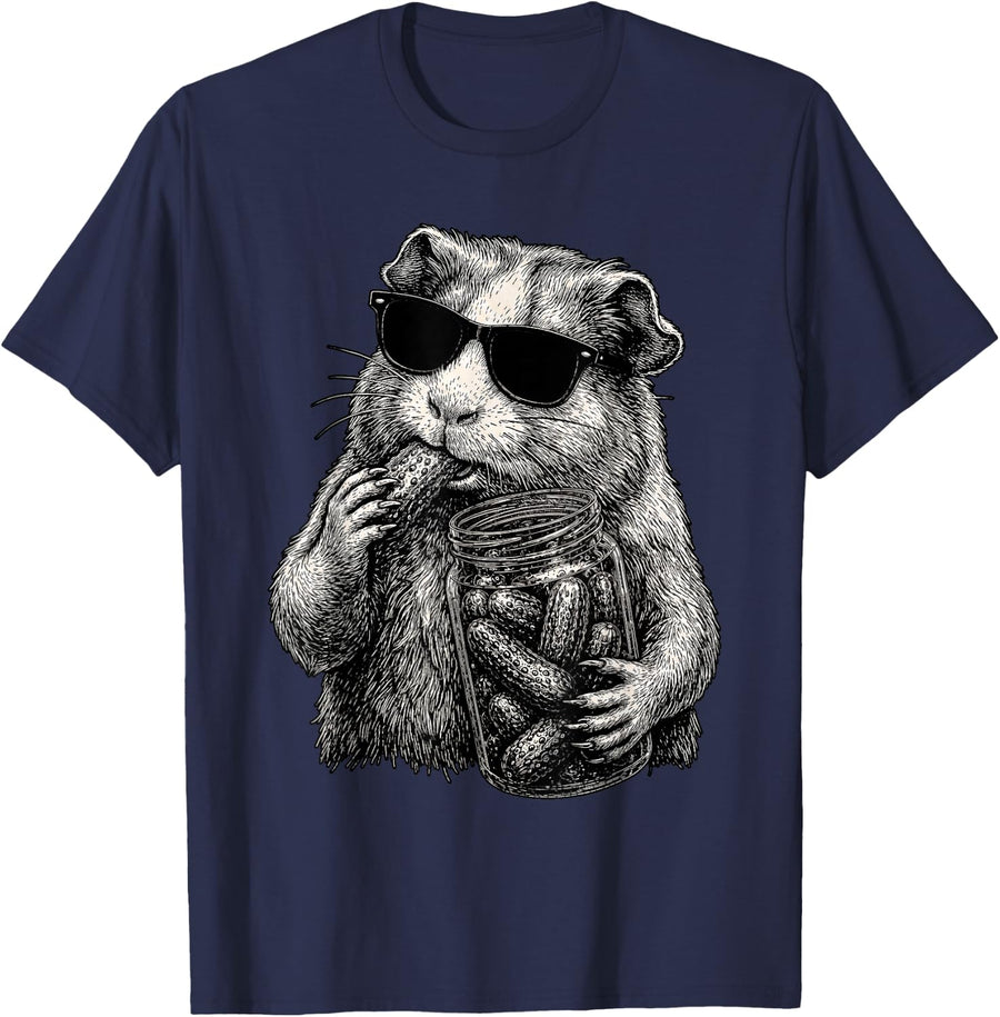 Guinea Pig Eating Pickles Funny Animal Men Women T-Shirt - Navy Blue