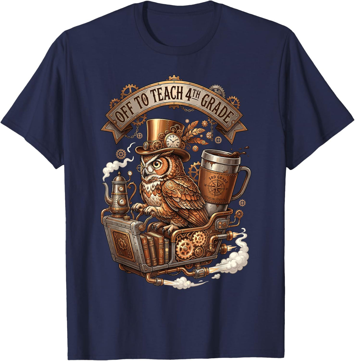 Off to Teach 4th Grade Teacher Steampunk Owl Mechanic Train T-Shirt - Navy Blue