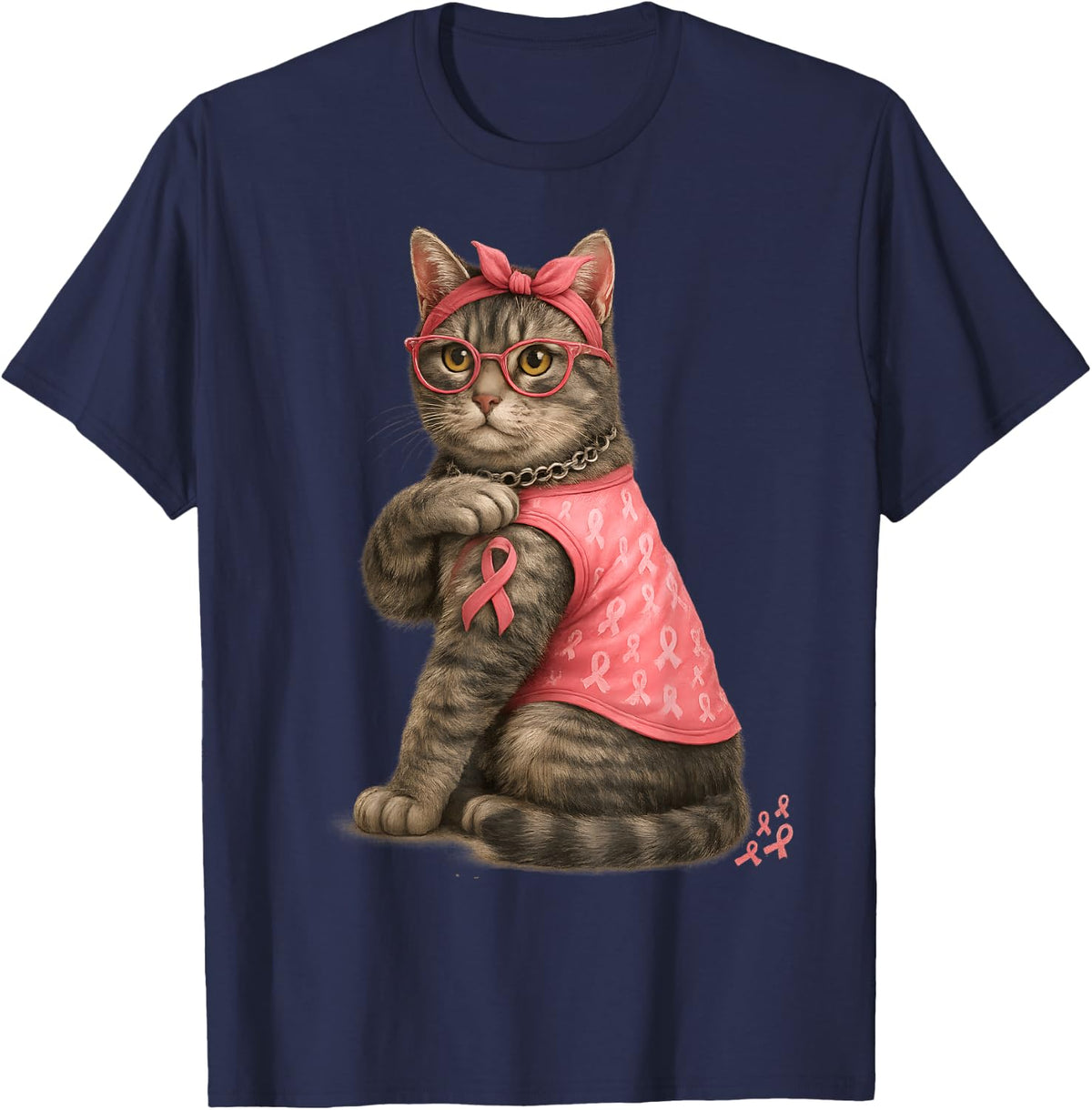 Gray Tabby Cat Pink Ribbon Breast Cancer Awareness Kitty T-Shirt - Navy Blue