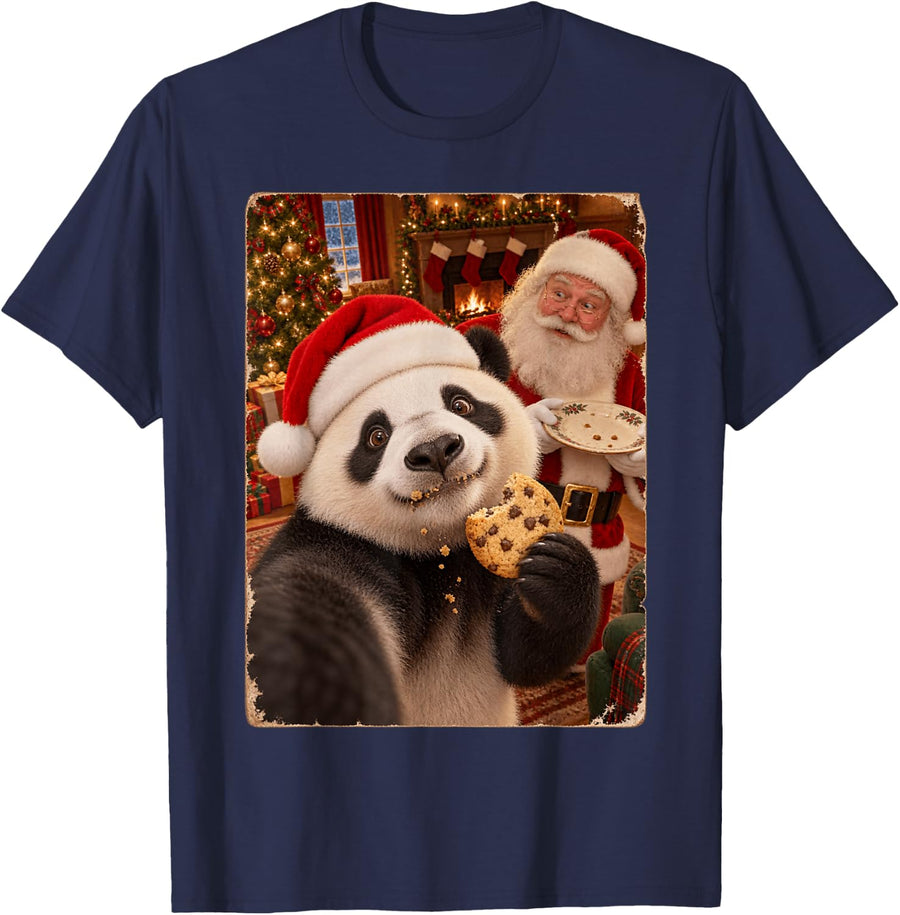 Panda Christmas Selfie Funny Santa Cookie T-Shirt - Navy Blue