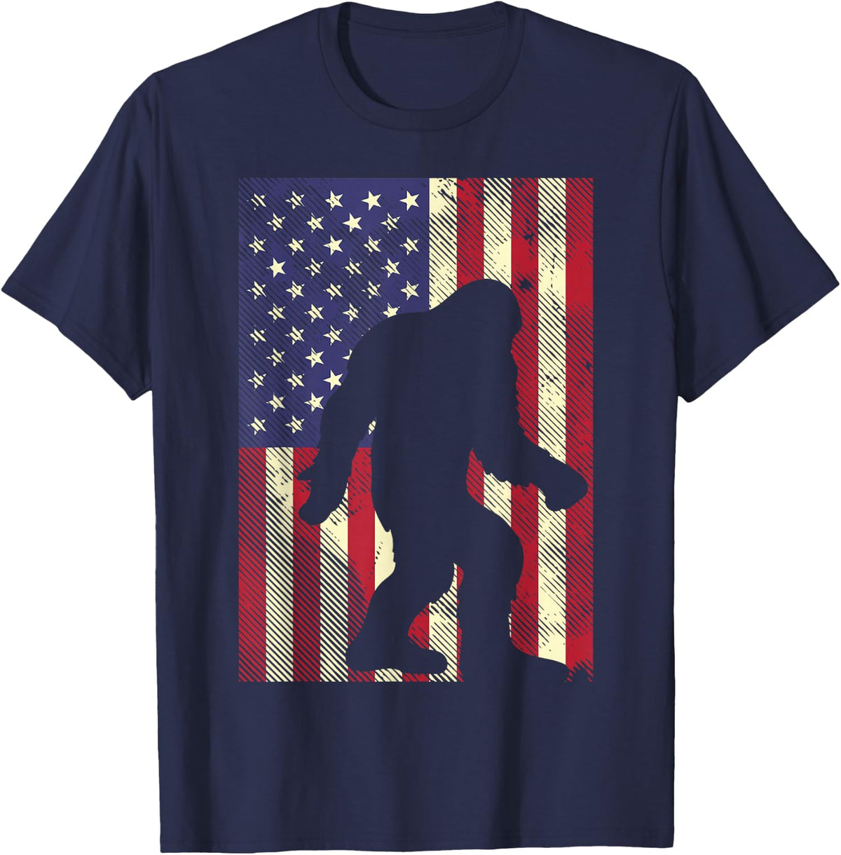 Bigfoot American US Flag Memorial Day Sasquatch Patriotic T-Shirt - Navy Blue