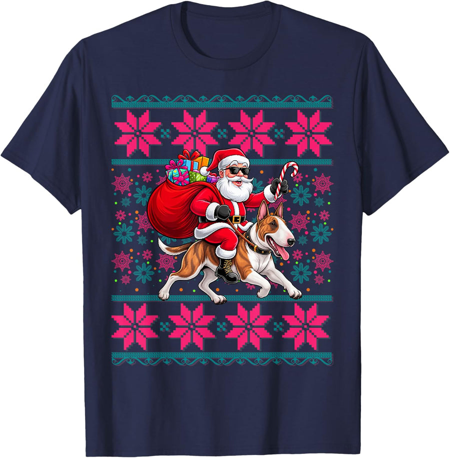 Ugly Christmas Women Girls Santa Riding Bull Terrier Dog T-Shirt - Navy Blue