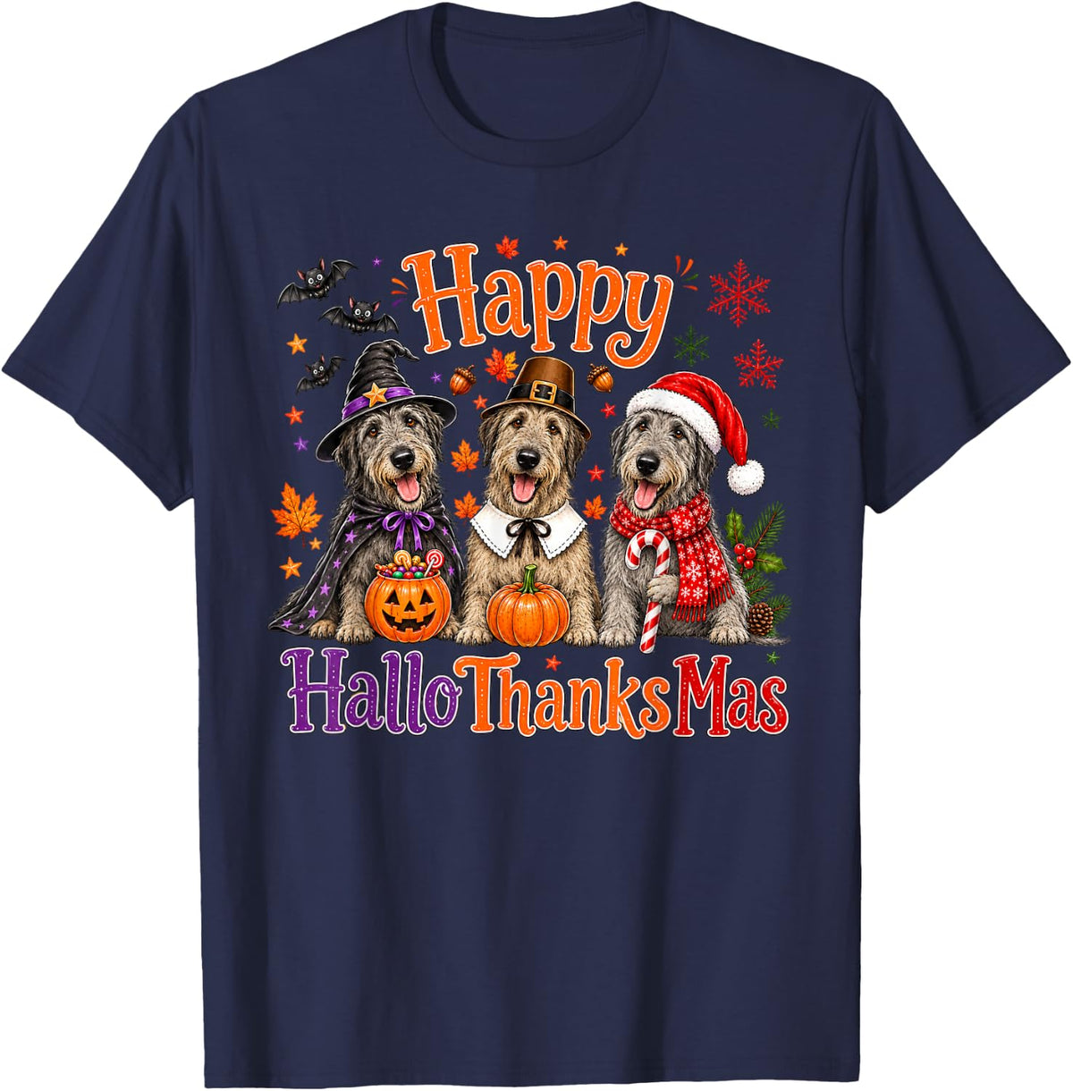 Irish Wolfhound Happy Hallothanksmas Halloween Thanksgiving T-Shirt - Navy Blue