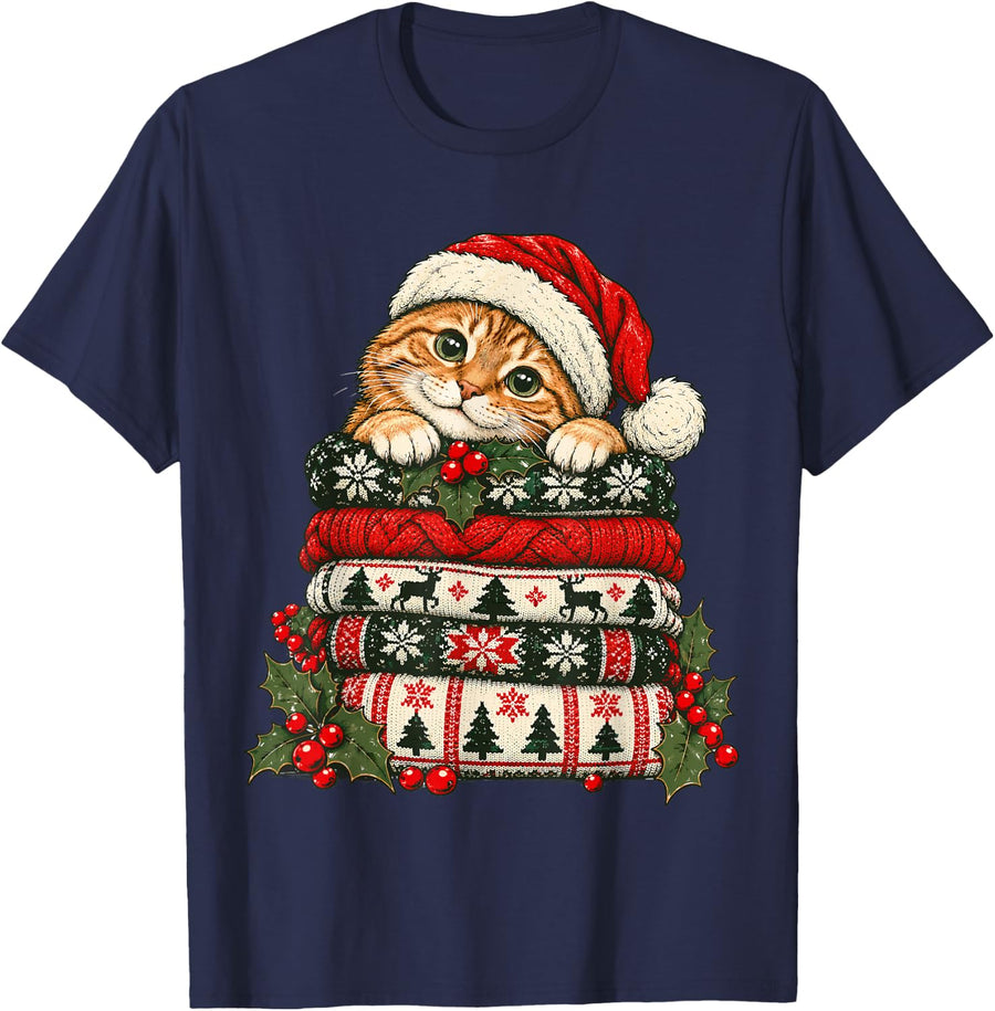 Christmas Tabby Cat with Festive Sweaters Cute Kitten Xmas T-Shirt - Navy Blue