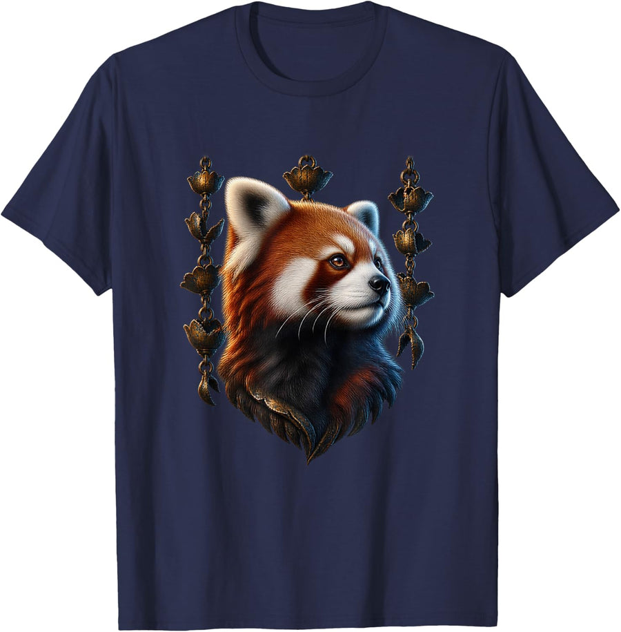 Red Panda with Bronze Rain Chains Forest Art T-Shirt - Navy Blue