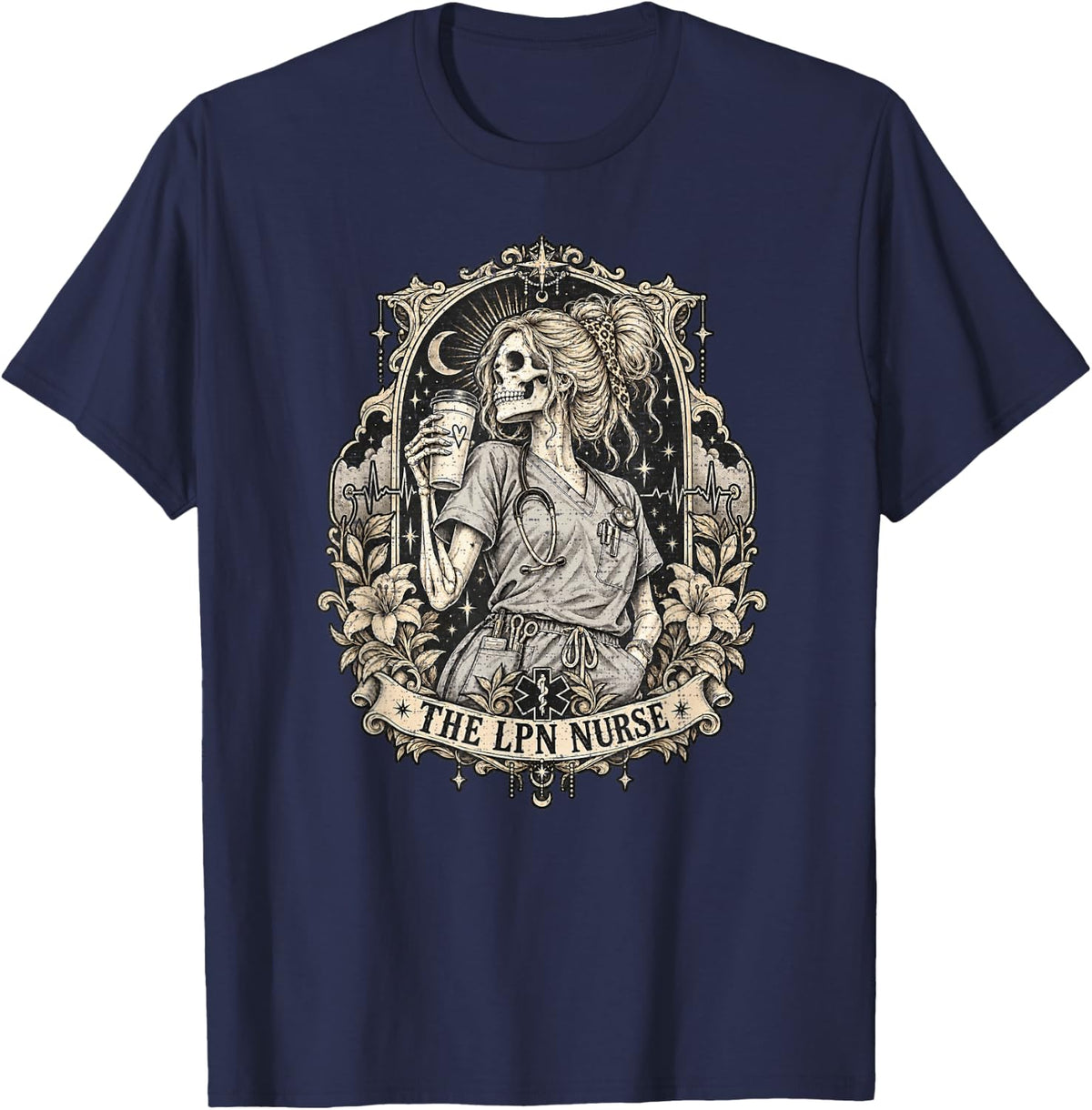 The LPN Nurse Skeleton Coffee Stethoscope Star of Life Tarot T-Shirt - Navy Blue
