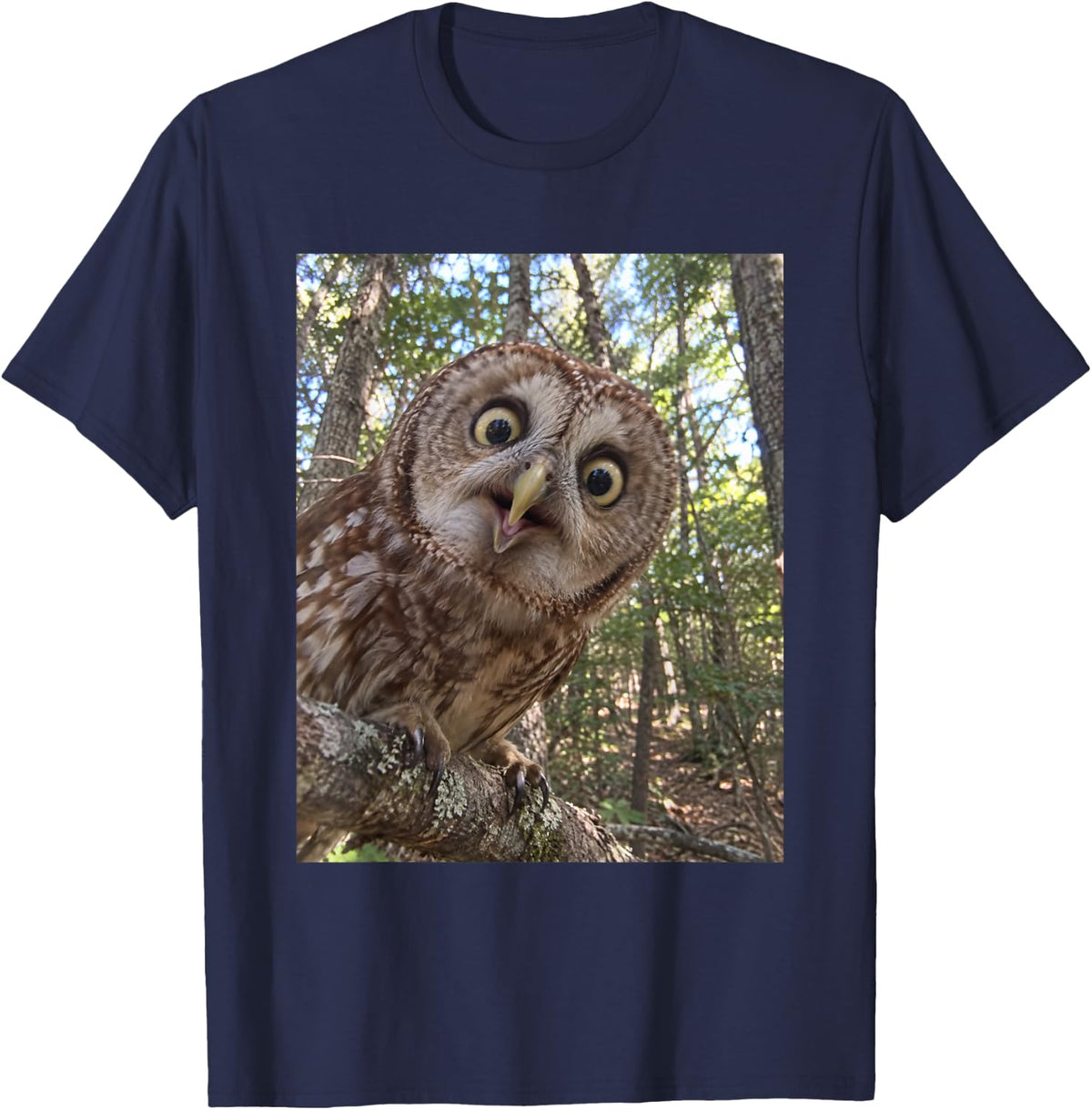 Funny Owl Shocked Face Silly Wildlife Photo Meme T-Shirt - Navy Blue
