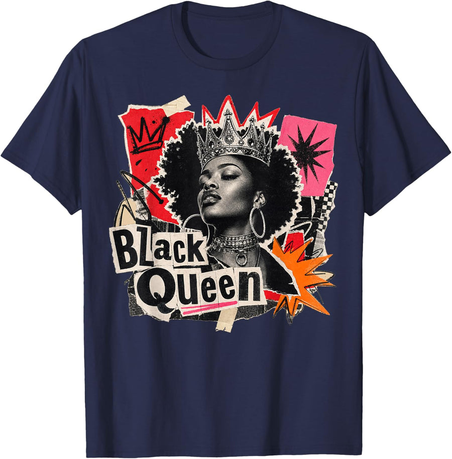 Black Queen Punk Grunge Streetwear Crown Melanin Doodles T-Shirt - Navy Blue