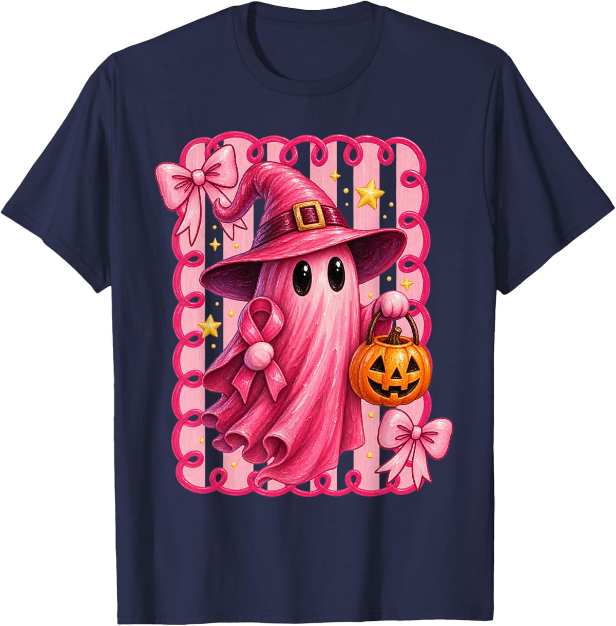 Cute Pink Ghost Breast Cancer Awareness Witch Hat Pumpkin T-Shirt - Navy Blue