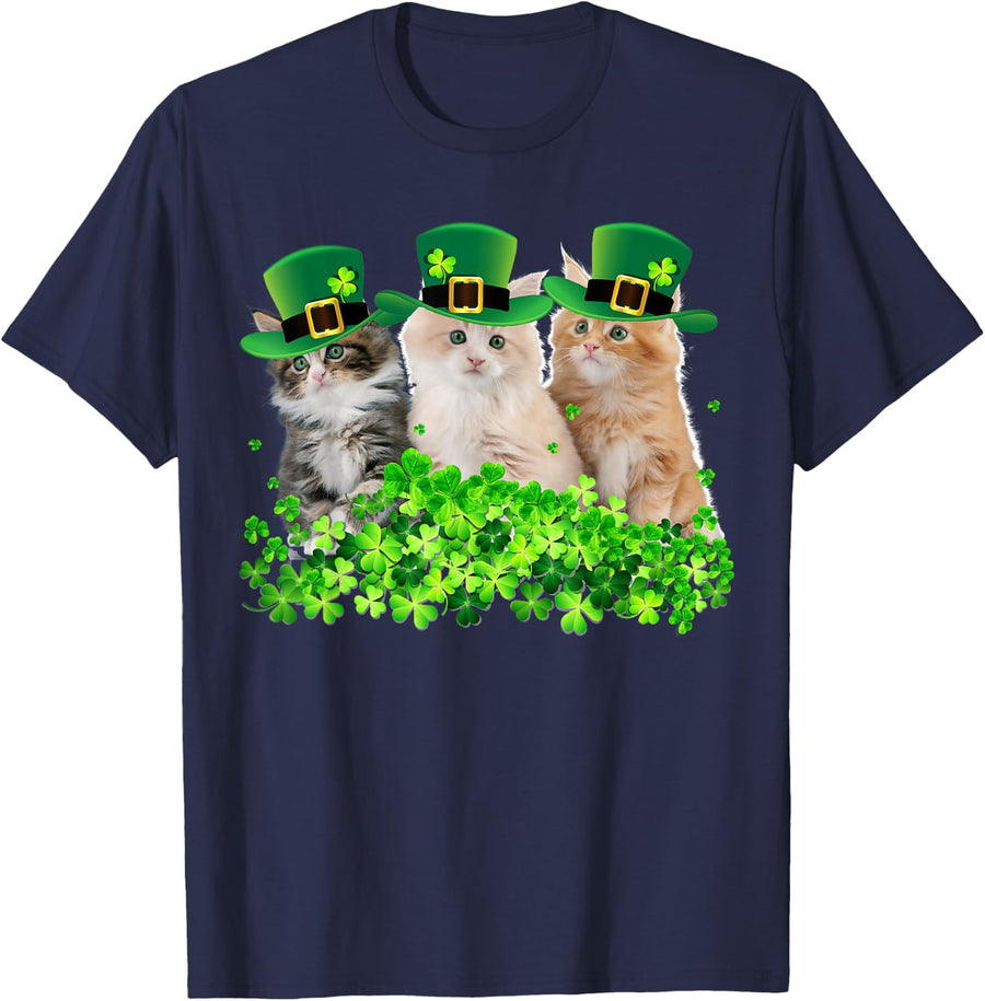 Three Cat St Patricks Day Kitty Kitten Lover Irish T-Shirt - Navy Blue