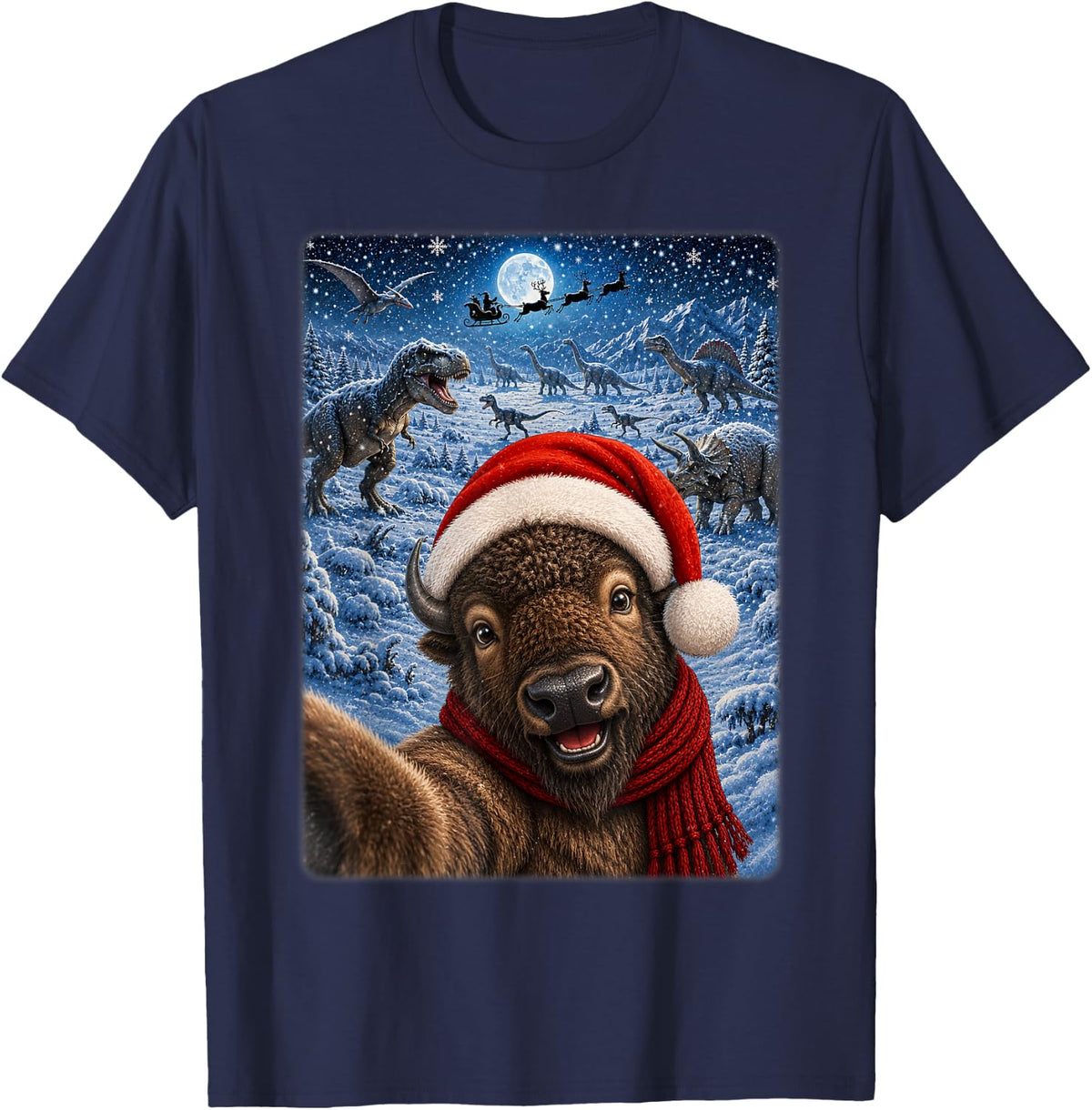 Xmas Dinosaurs Moon Night Starry Themed Buffalo Christmas T-Shirt - Navy Blue