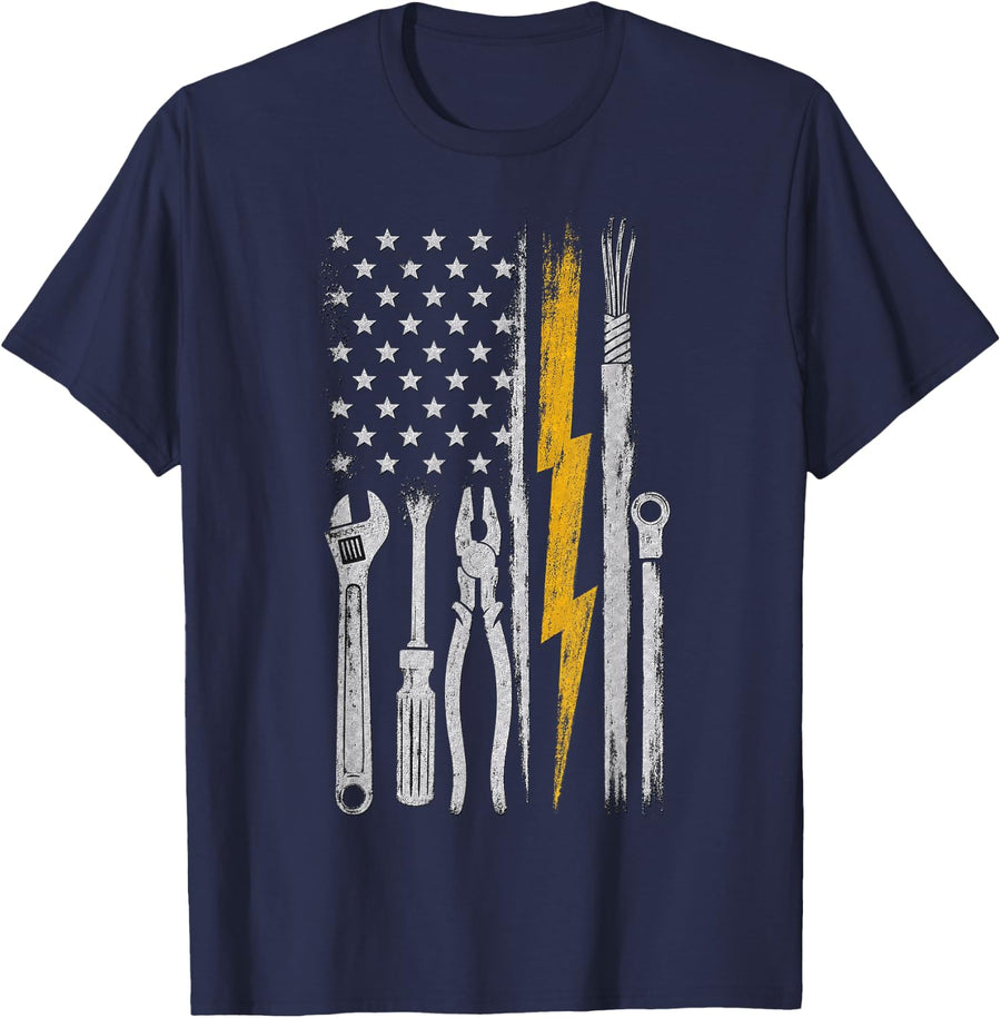 Patriotic American Flag with Electric Tools Design T-Shirt - Navy Blue