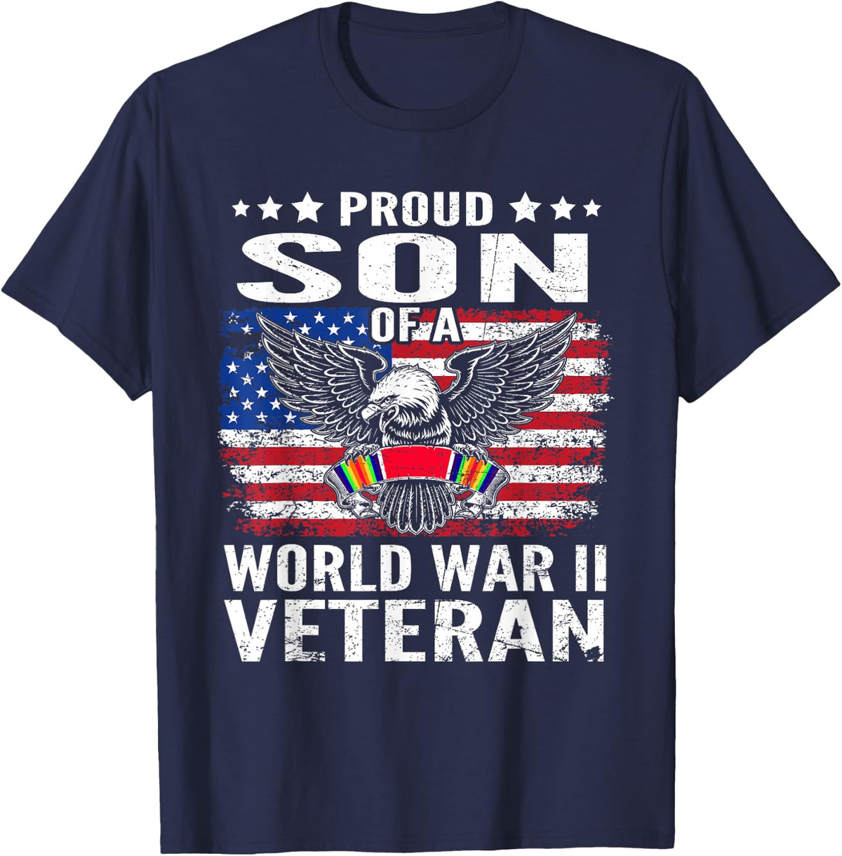 Proud Son Of A WWII Veteran World War 2 US Vet Dad Mom T-Shirt - Navy Blue