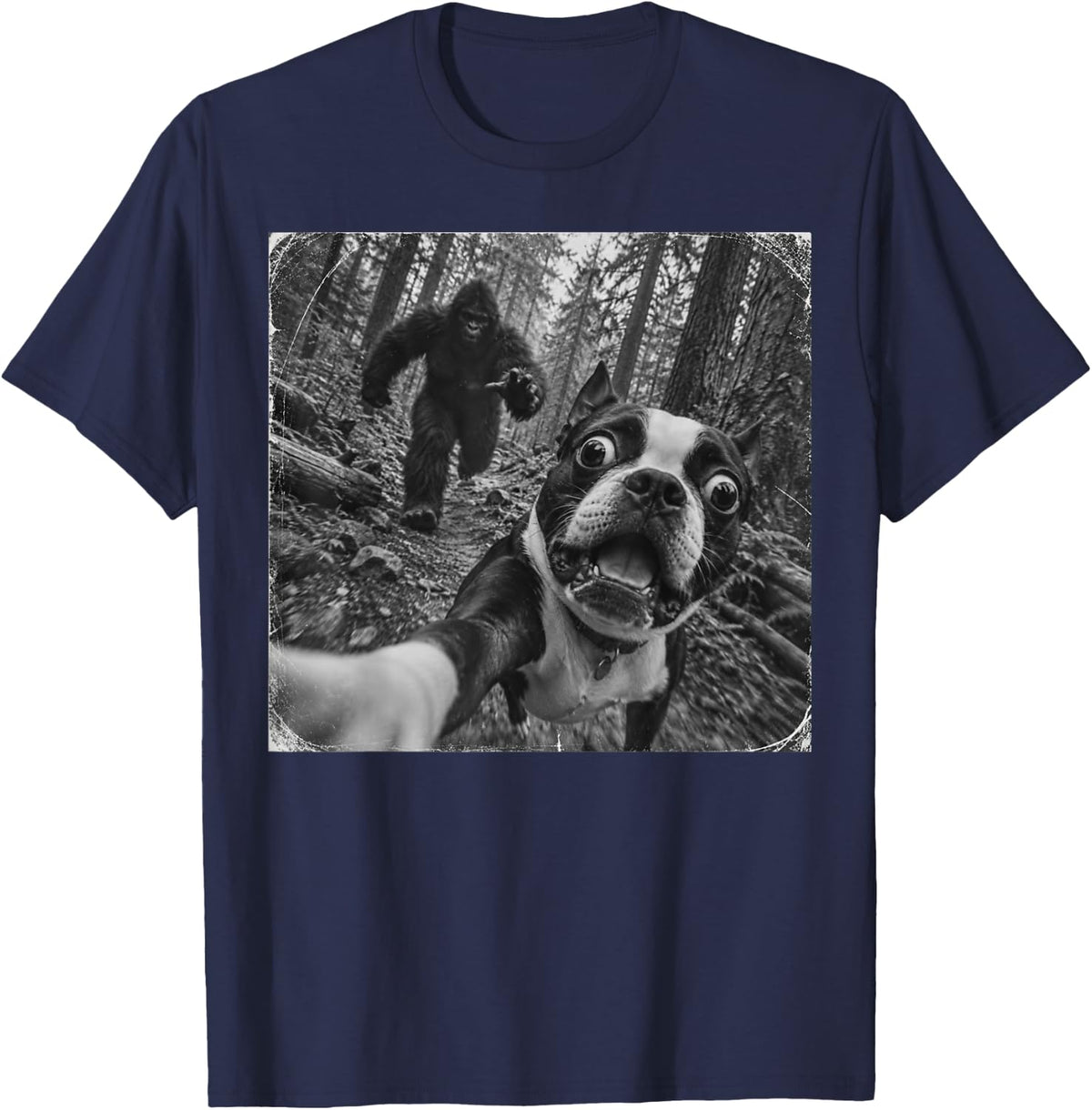 Bigfoot and Boston Terrier Funny Dog Selfie Sasquatch Chase T-Shirt - Navy Blue