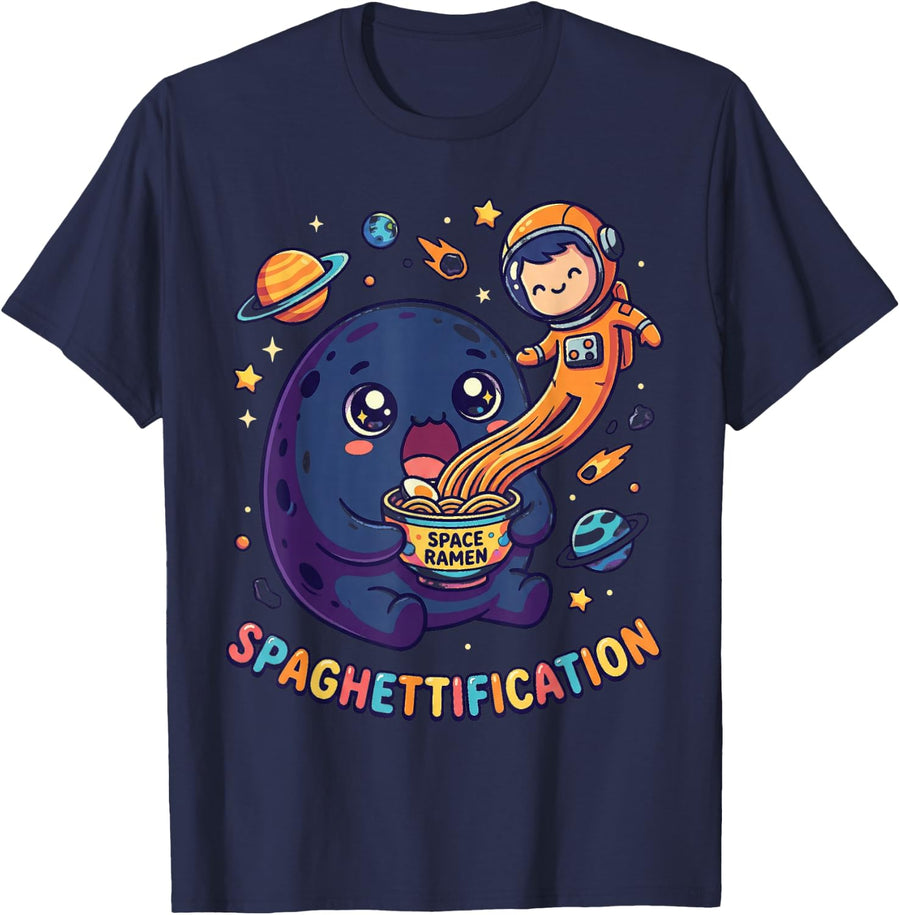 Moon Eating Space Ramen Spaghettification Cute Astronaut T-Shirt - Navy Blue