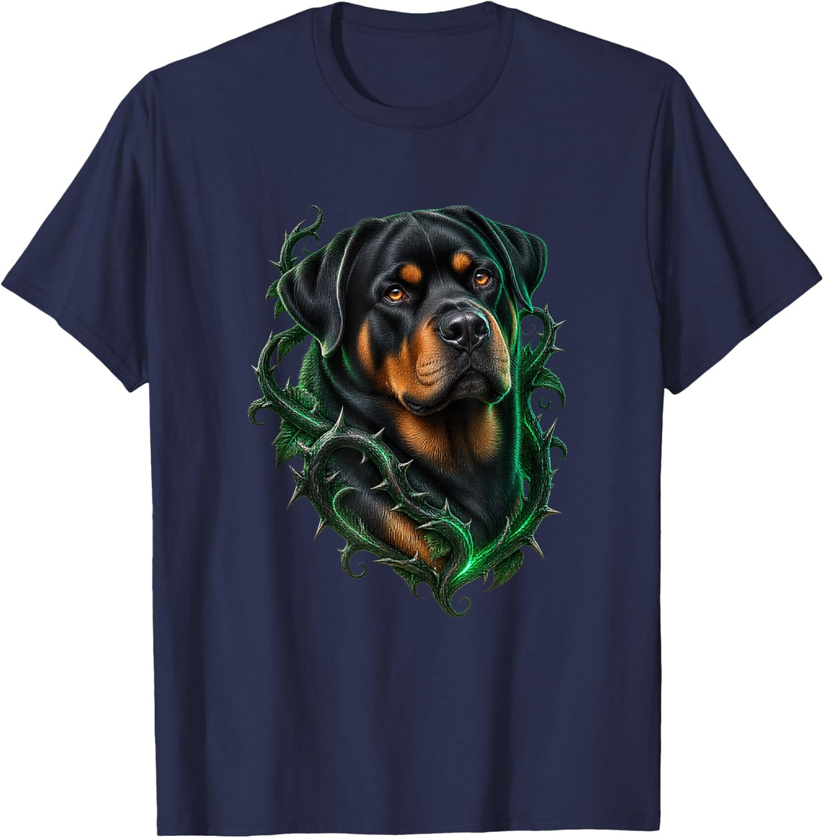 Rottweiler with Green Brambles T-Shirt - Navy Blue