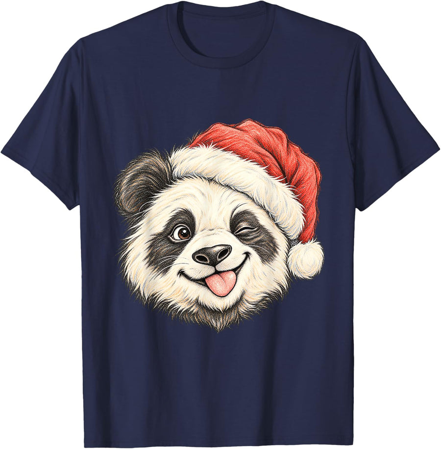 Christmas Winking Panda Red Winter Hat T-Shirt - Navy Blue